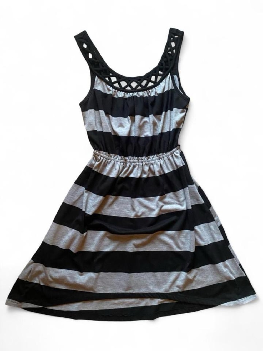 No Boundaries Black and Gray Striped Lattice Neck Sundressmm - Picture 1 of 2